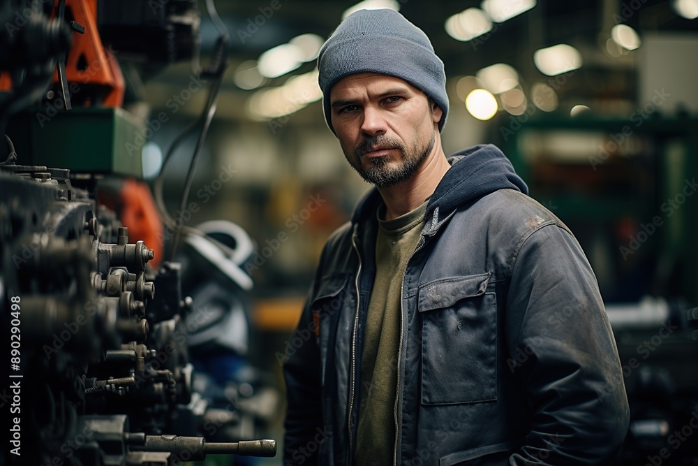 A man in a blue jacket and a blue hat stands in front of a machine A man in a blue jacket and a blue hat stands in front of a machine