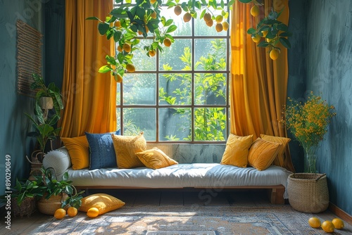 A cozy indoor nook with lemon-themed decor, a comfortable daybed, and large windows letting in natural light. photo