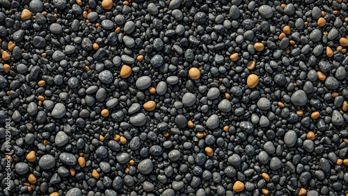 Grey smooth round sea pebbles and various stones closeup texture pattern. Dark naturally rounded gravel at sea shore background for your design. Decorative beach stones or gravel. Pebble texture