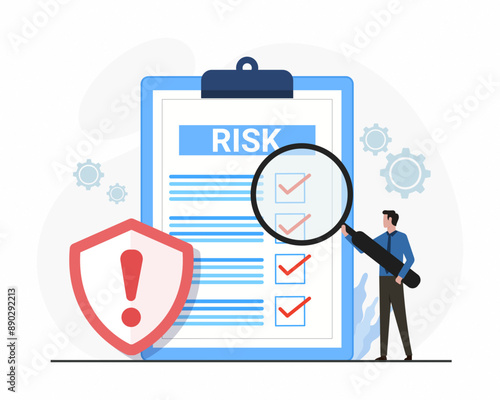 Businessman holding magnifying glass to analyze business risk report Risk Management