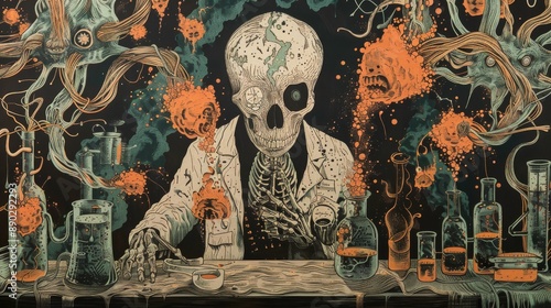 Wild-haired scientist in eerie laboratory environment, perfect for textile design.