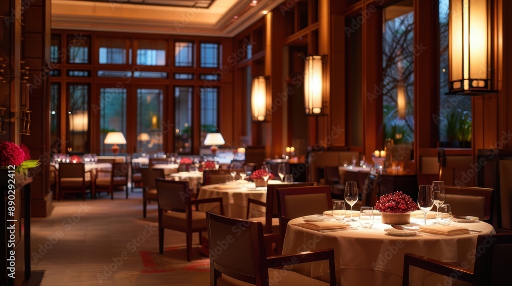A restaurant with tables and chairs, and a large window A restaurant with tables and chairs, and a large window