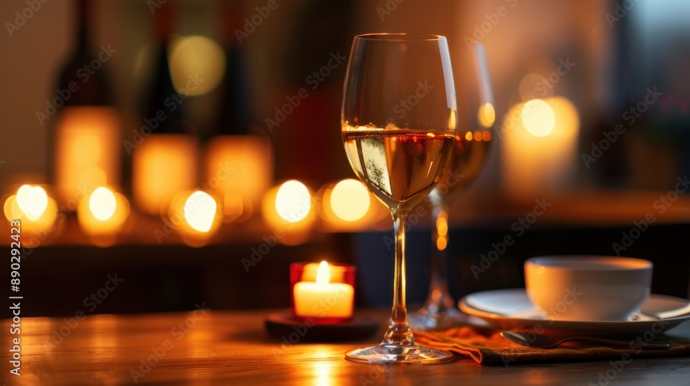 A table with two wine glasses and a candle A table with two wine glasses and a candle