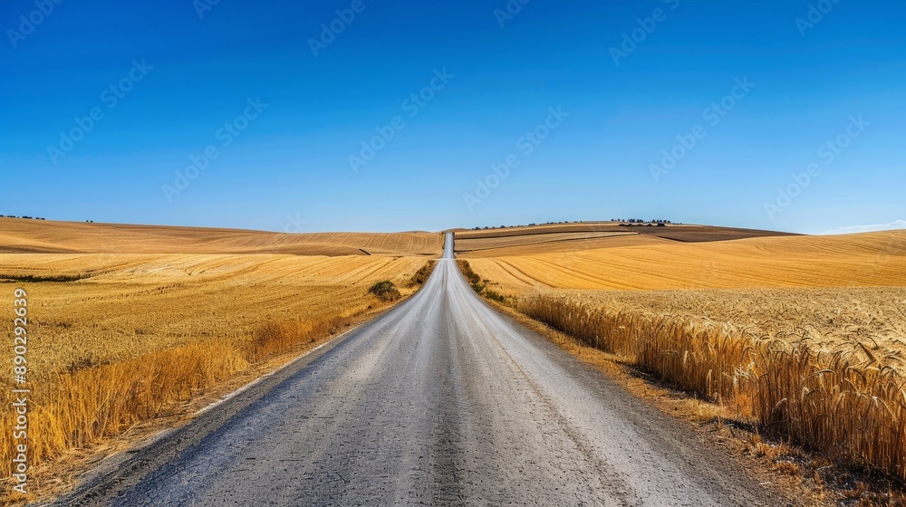 Wide road cutting through golden wheat fields under a clear blue sky Wide road cutting through golden wheat fields under a clear blue sky