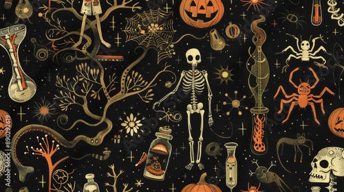 Mad scientist Halloween party scene with strange contraptions, textile repeating pattern.