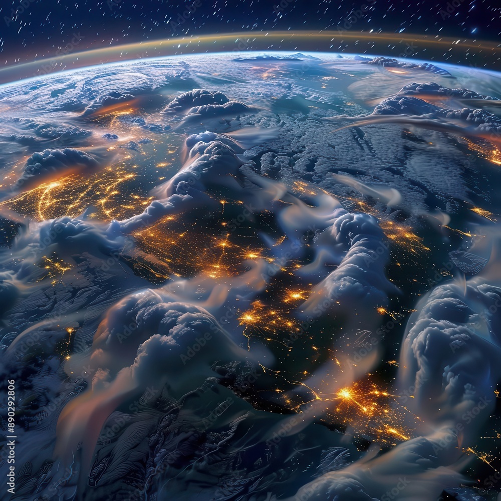 aweinspiring view of earth from space showcasing the planets curvature and the mesmerizing glow of city lights across continents wispy clouds add depth to the celestial scene aweinspiring view of earth from space showcasing the planets curvature and the mesmerizing glow of city lights across continents wispy clouds add depth to the celestial scene