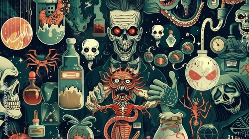 Spooky laboratory scene with mad scientist and monstrous creation, suitable for textile design.
