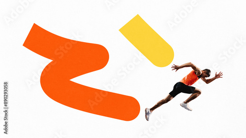 Poster. Contemporary art collage. Young athlete running in motion with vibrant lines repeat his moves against white background. Concept of sport, competition, active lifestyle. Minimal design.