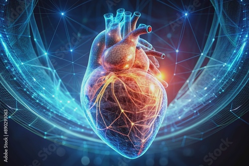 3D hologram of human heart, Virtual reality for health care and medical technology concept.. photo