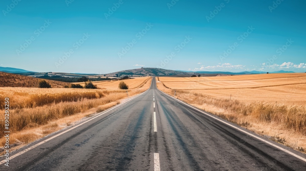 Wide road cutting through golden wheat fields under a clear blue sky Wide road cutting through golden wheat fields under a clear blue sky