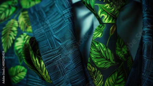 A close-up of the green leaf pattern in elegant suit, green leave tie symbolizing eco-friendly fashion and sustainability in corporate attire.