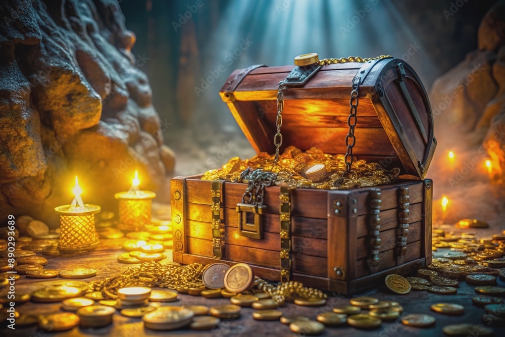 Ancient wooden treasure chest overflowing with glittering gold coins ...