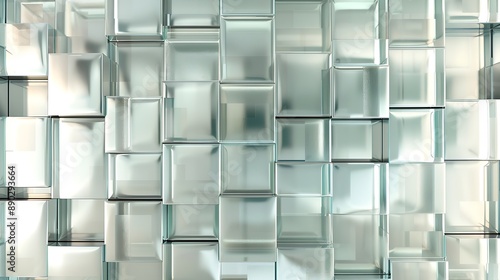Stylish block wall design with overlapping glass and metal blocks, creating a modern and sophisticated abstract background with reflections