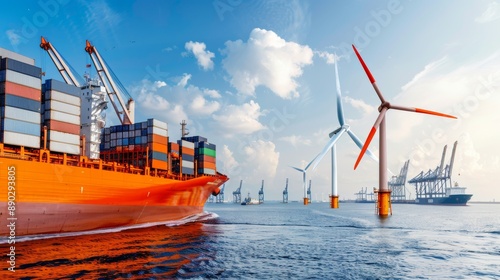 Container ship near offshore wind turbines highlighting renewable energy and global trade industry in a maritime setting. photo