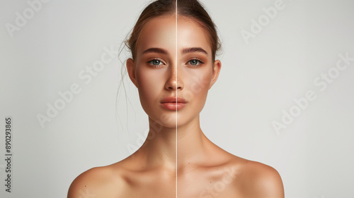 Ein Portrait einer attraktiven jungen Frau halbes Gesicht vorher und nachher mit Schminke Make-Up photo