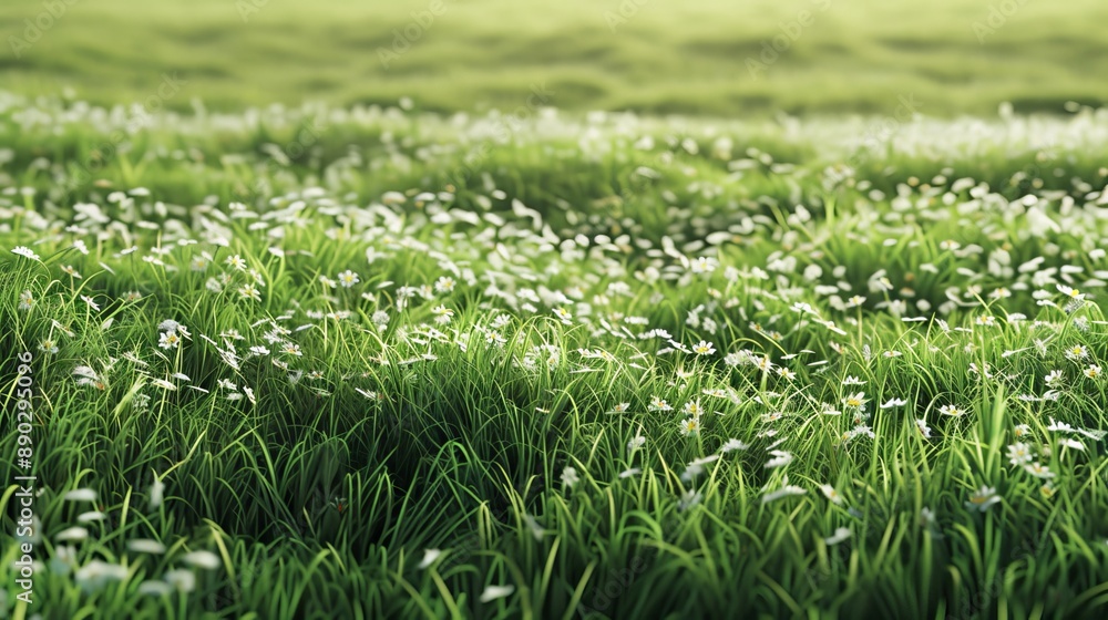 Background illustration of green field of grass with flowers. 3D rendering. Useful for commercial banners and print. Background illustration of green field of grass with flowers. 3D rendering. Useful for commercial banners and print.