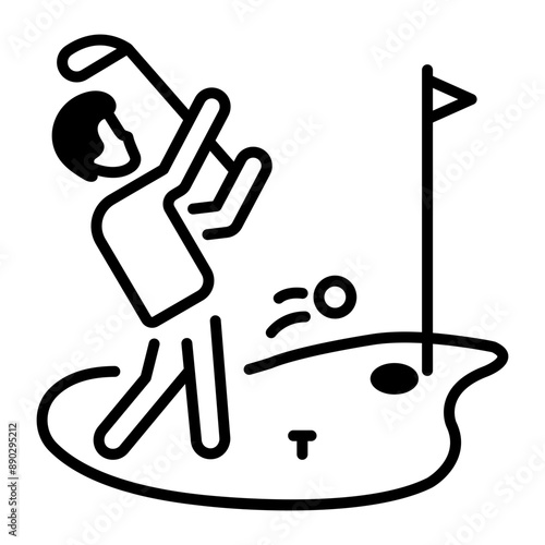 A golf player playing golf, a line style icon