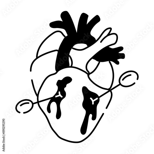 Pierced heart icon in hand drawn style 