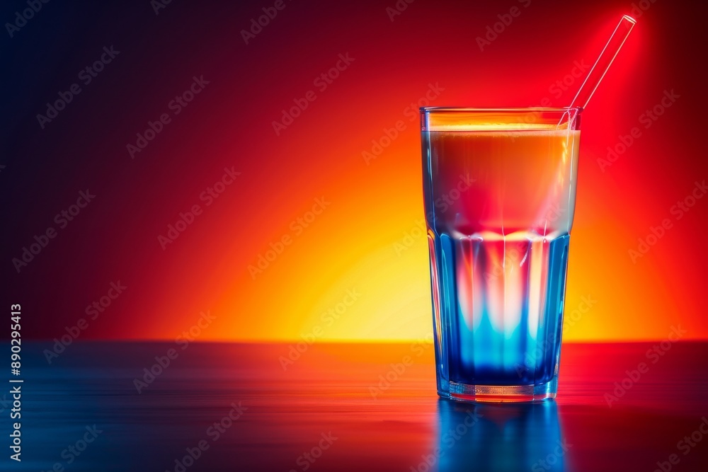 Neon glass with a colorful liquid and straw set against a glowing sunset background capturing a vibrant and modern drink Neon glass with a colorful liquid and straw set against a glowing sunset background capturing a vibrant and modern drink