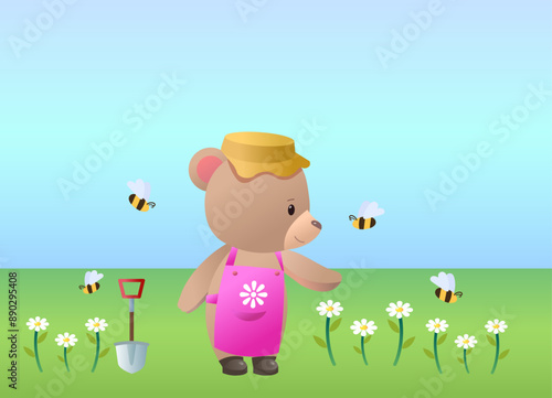 Illustration of a Bear Gardener with Bees and Flowers on a nature Background - Cute Nature Scene for Kids. A white bear in a pink apron