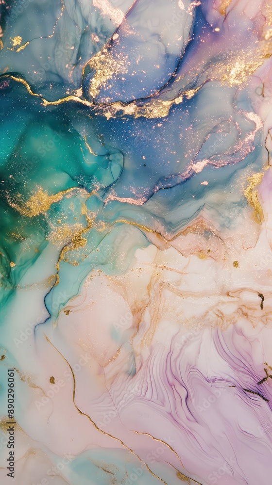 Fototapeta premium Enchanted Forest with Iridescent Marble Textures: Pastel Shades and Gold Details in a Dreamy, Surreal Atmosphere