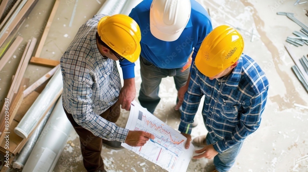 Generate a photo realistic image of a construction project team in a session monitoring costs with detailed financial charts and budgeting documents; ensure the image is of high resolution