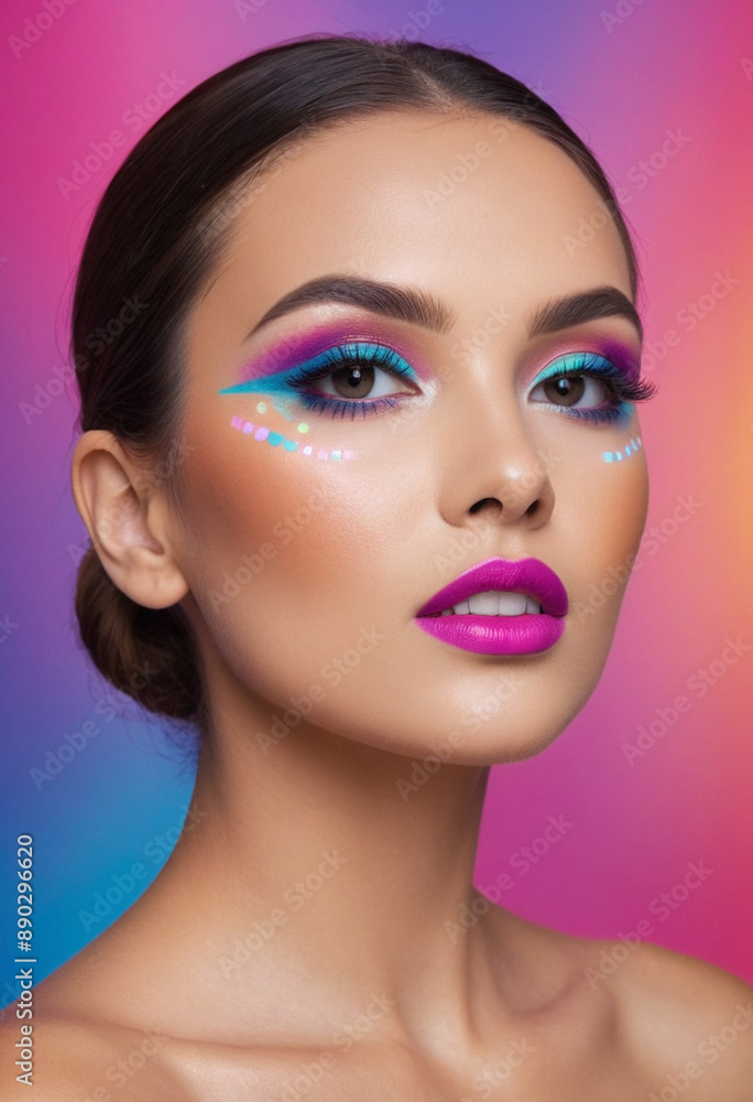 Fototapeta premium Beauty blogger with vibrant digital background demonstrating makeup techniques. 