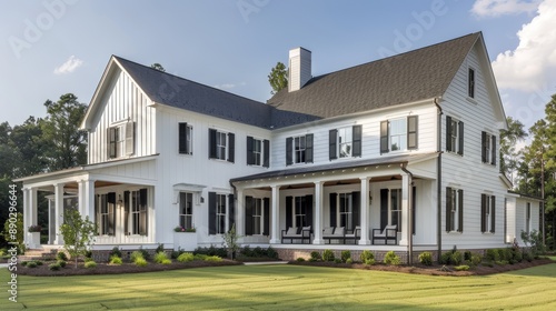 A modern farmhouse with a white exterior, black shutters, and a wrap-around porch.