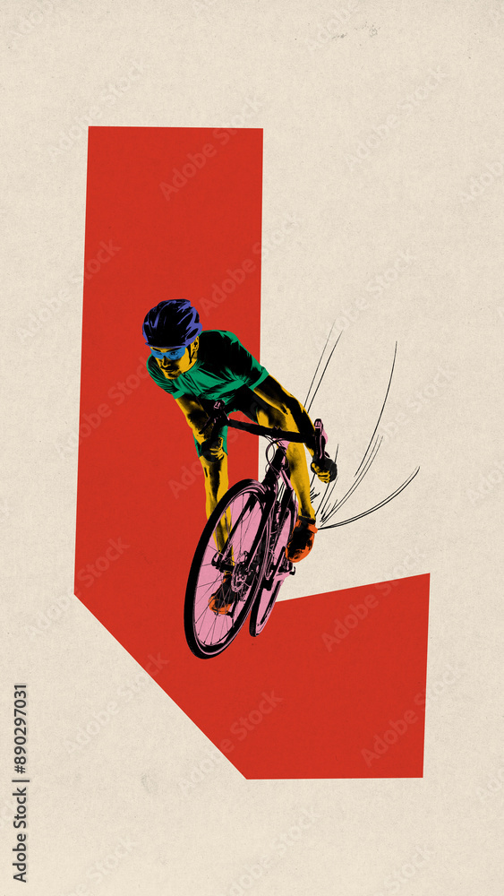 Obraz premium Poster. Contemporary art collage. Rider, dressed in green, leans into turn on bike with pink wheels on abstract red road. Concept of sport, movement, speed, marathon, competition, action.
