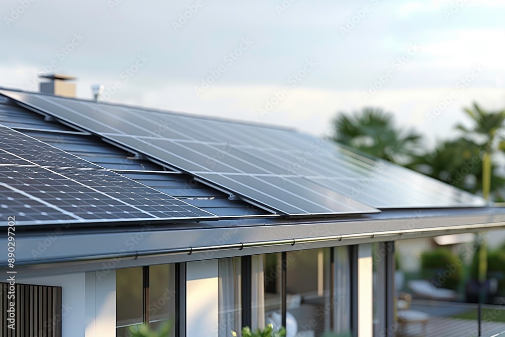 Fototapeta premium Modern photovoltaic solar panels installed on a residential rooftop provide renewable energy in a suburban neighborhood.