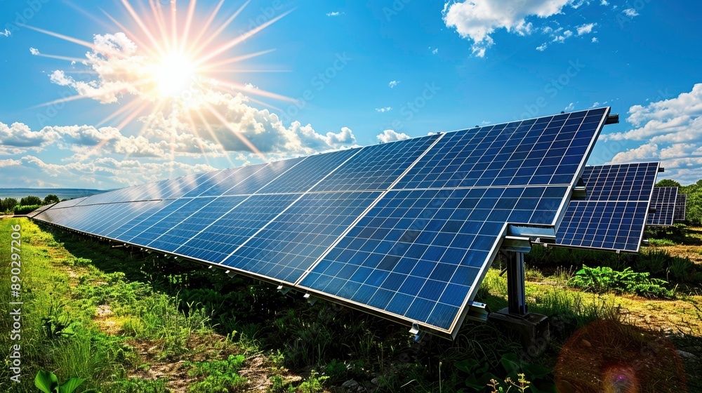 Modern solar panels installed on a green field under the bright sun, showcasing renewable energy and sustainable technology. Modern solar panels installed on a green field under the bright sun, showcasing renewable energy and sustainable technology.