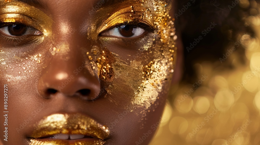 Woman adorned with gold makeup for a fashion photoshoot Woman adorned with gold makeup for a fashion photoshoot