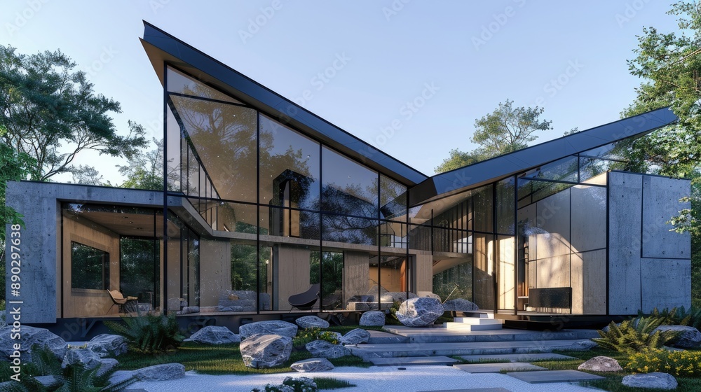 Obraz premium A modern, geometric house with sharp angles, large glass panels, and a minimalist rock garden.