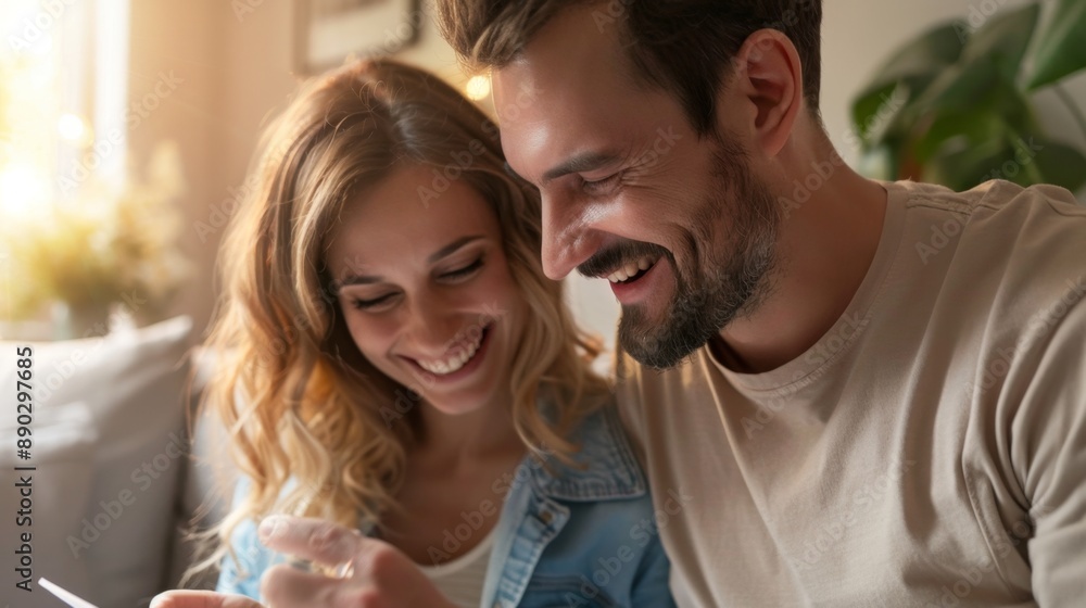 A couple looking at a positive pregnancy test after successful test tube baby reproduction, A couple looking at a positive pregnancy test after successful test tube baby reproduction,