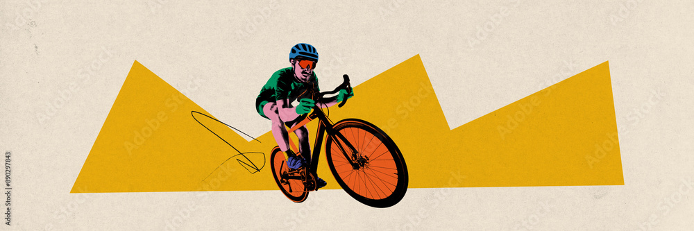 Obraz premium Banner. Contemporary art collage. Rider pedals bike with bold orange wheels, set against angular, yellow geometric shape that emphasizes motion and energy. Concept of sport, speed, competition, action