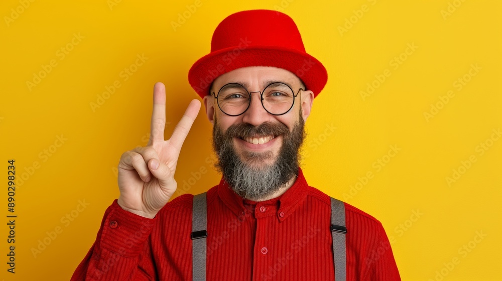 A man wearing a red hat and glasses is smiling and holding up his hands in a peace sign A man wearing a red hat and glasses is smiling and holding up his hands in a peace sign