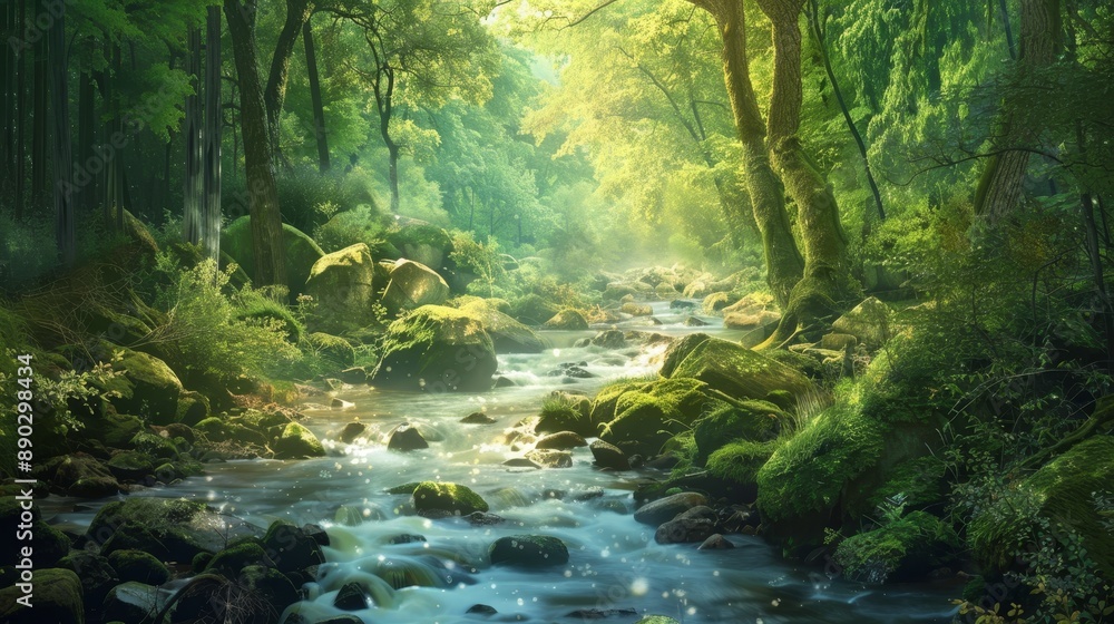 Enchanting forest scene with a sparkling stream flowing through verdant foliage and serene river rocks. Enchanting forest scene with a sparkling stream flowing through verdant foliage and serene river rocks.