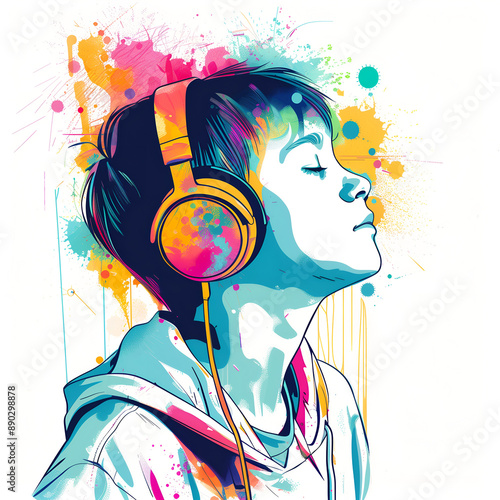 A boy in headphones listens to music. Guy  in headphones a colorful vivid background. Teenager Colorful illustration of bright spots and strokes. white background