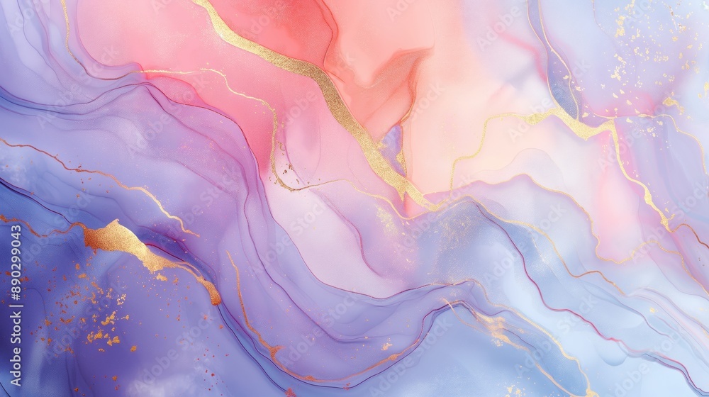 Abstract Landscape with Iridescent Marble Swirls: A Dreamy Digital Painting with Gold Details and Pastel Hues