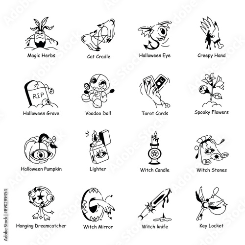 Bundle of Halloween and Witchcraft Hand Drawn Icons 

