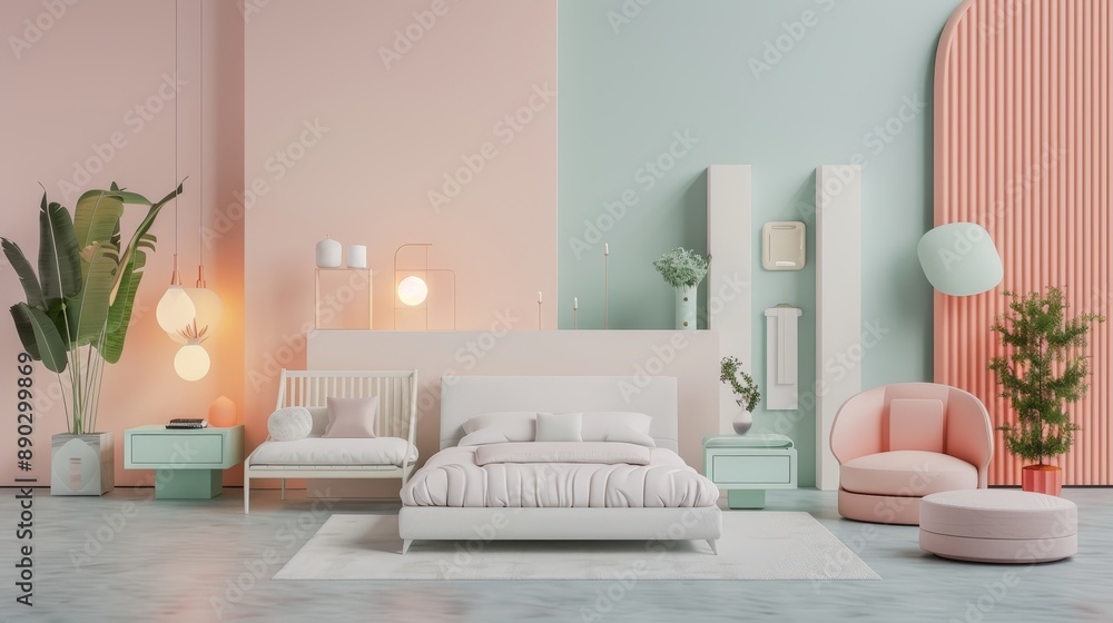 Fototapeta premium Interior design concept with sale of home decorations and furniture. Beds, sofas, armchairs, and advertising spaces surrounded by banner during promotions and discounts. Pastel background. 3D render. 