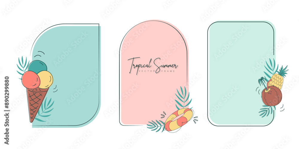 Set of hand drawn line art frames with tropical summer elements. Template frame for monogram, logo, invitation, postcard, and more. Vintage wreath illustration isolated on white background. Set of hand drawn line art frames with tropical summer elements. Template frame for monogram, logo, invitation, postcard, and more. Vintage wreath illustration isolated on white background.