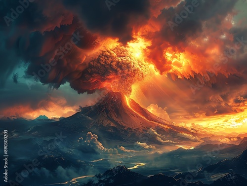 Majestic volcano with smoke rising from the crater, set against a dramatic sky