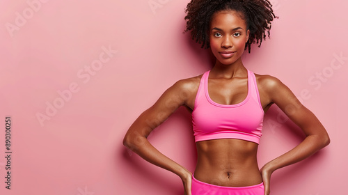 A cropped image features an athletic woman with a beautifully toned belly, set against a pastel pink background