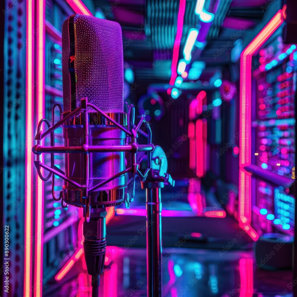 cyberpunkinspired asmr setup with a holographic microphone emitting ...
