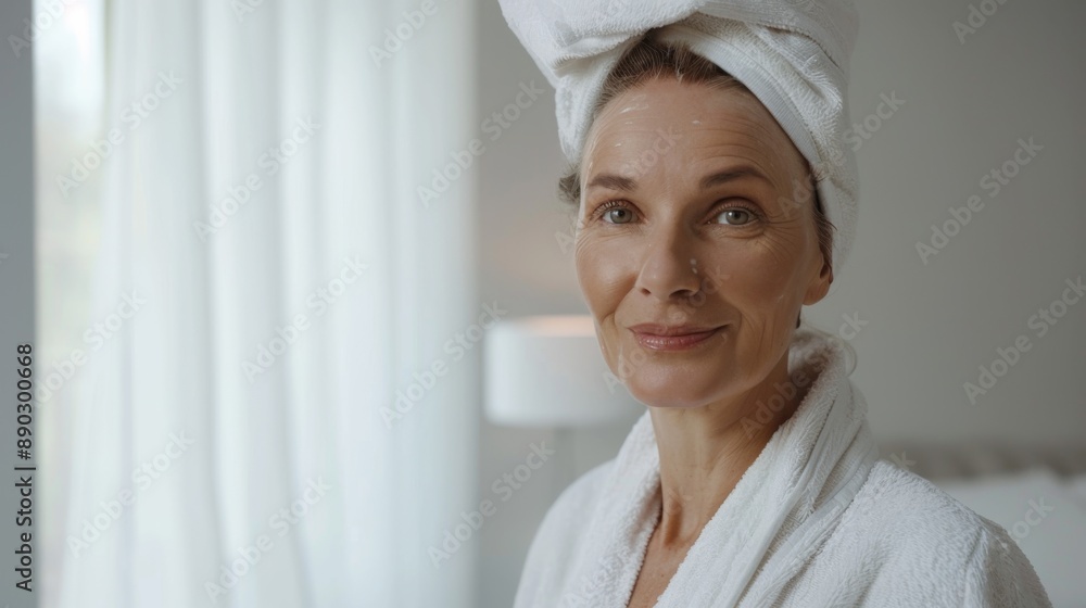 Portrait of smiling Caucasian mature woman 60-70 years old with well-groomed skin in a robe and a towel on wet hair after a bath in the bedroom Portrait of smiling Caucasian mature woman 60-70 years old with well-groomed skin in a robe and a towel on wet hair after a bath in the bedroom