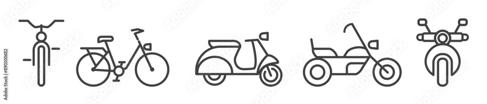 Bicycles and motor bike icon collection - vector illustration editable thin line symbol set Bicycles and motor bike icon collection - vector illustration editable thin line symbol set