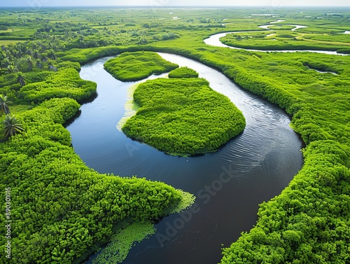 Tranquil river delta with winding waterways, lush greenery, and abundant birdlife