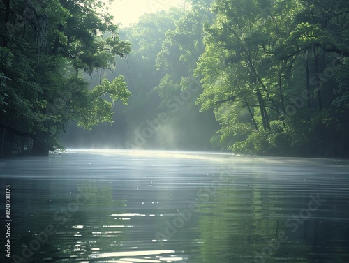 Tranquil river with mist rising from the water, surrounded by dense forest and early morning light