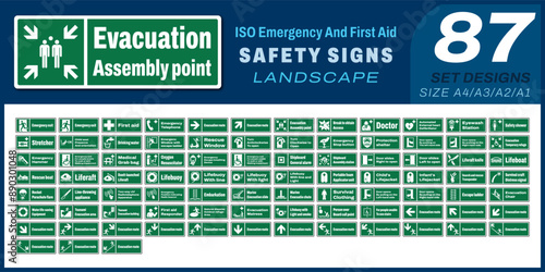 87 set ISO emergency and first aid safety signs v07 landscape size 1/2 a4,a3,a2,a1